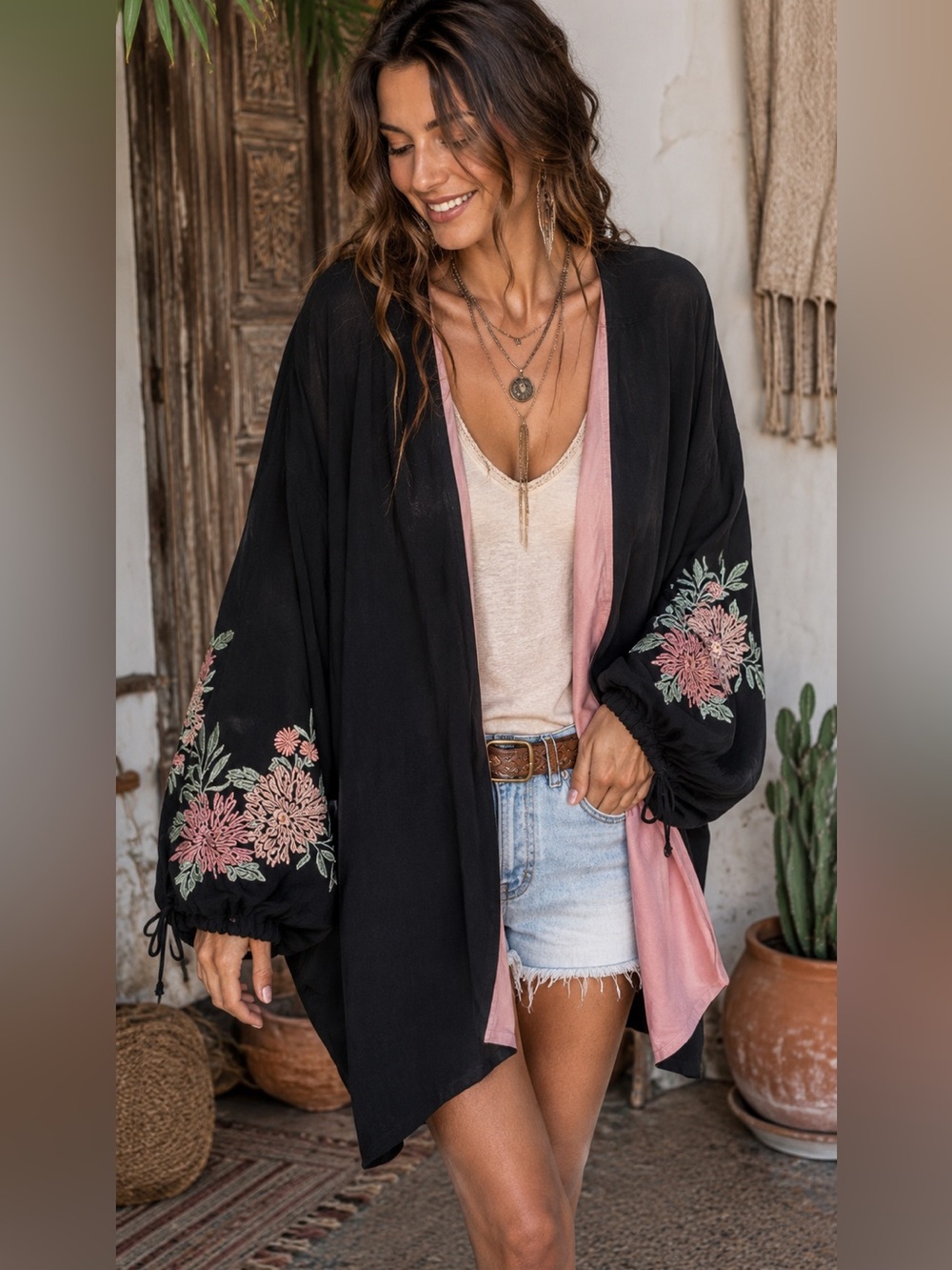 Lovestitch Boho Kimono Jacket Embroidered Floral Sleeve Festival Layer L / XL